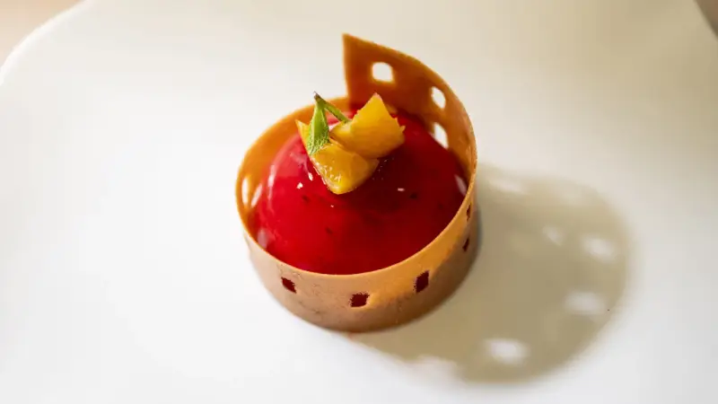 A red berry mousse dessert with orange zest and mint, presented in a decorative pastry shell on a white plate.